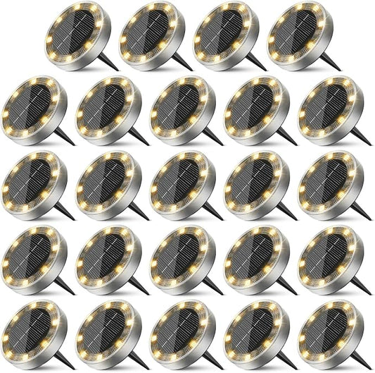 Peasur Solar Ground Lights Outdoor, 24 Pack Flat Solar Powered Disc Lights, IP68 Waterproof, Anti-Rust, Landscape Lighting for Pathway Garden Yard Lawn Walkway Landscape Driveway, Warm White