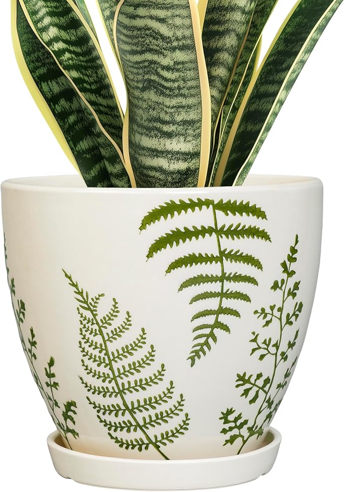 MPotTo Ceramic Plant Pot, 8.2 Inch, White | Boho Round Decorative, Indoor & Outdoor, Drainage Hole & Saucer, Housewarming Gift, Office Home Garden Decor