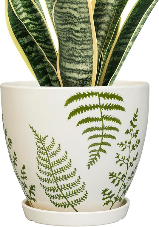 MPotTo Ceramic Plant Pot, 8.2 Inch, White | Boho Round Decorative, Indoor & Outdoor, Drainage Hole & Saucer, Housewarming Gift, Office Home Garden Decor