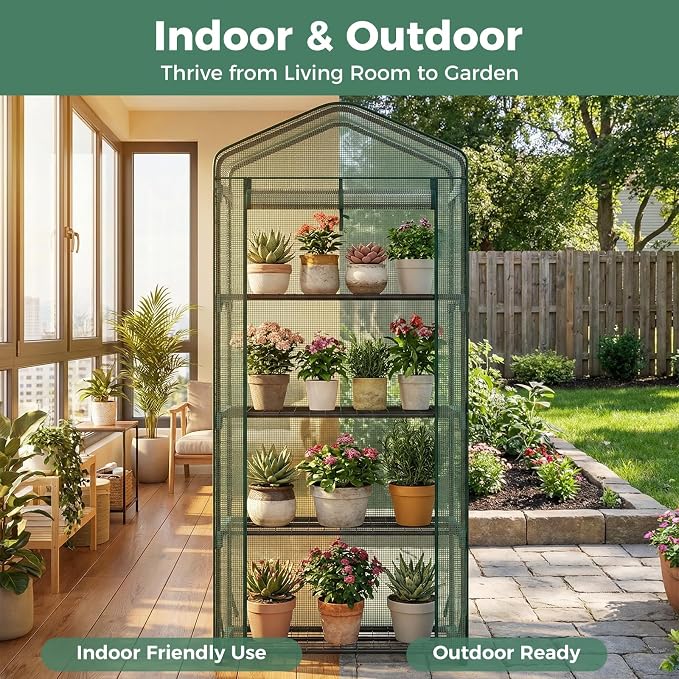 Sweetcrispy Mini Greenhouse with Roll-up Zipper Door Durable PE Cover, 27"x19"x63" 4 Tier, Small Greenhouse for Outdoors Indoor Balcony, Porch, Garden, Patio, Backyard Green Houses, Green