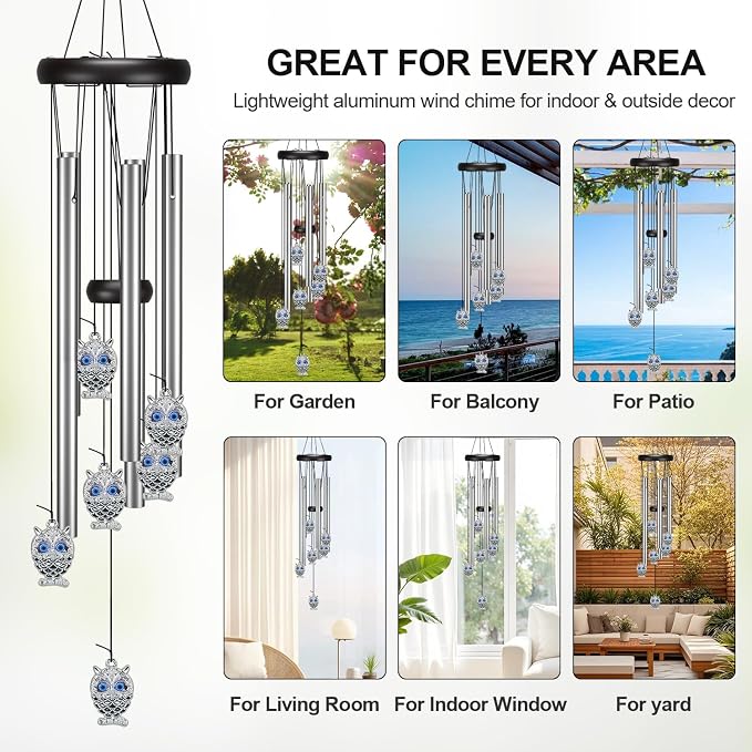 Virekm Small Wind Chimes, House Warming Gifts for Women, New Home Gift Men, Outdoor Gifts for Neighbor, Windchimes for Patio Decoration, Garden Decor for Outside, Zen Decor Yard (Blue Evil Eye Owl)
