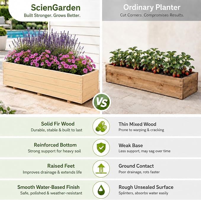 Fir Wood Raised Garden Bed Rectangular Planter for Outdoor Tomato Planter | For Herbs & Flowers Garden Includes Fabric Planter Liner, 4 Drainage Holes