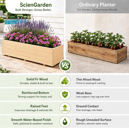 Fir Wood Raised Garden Bed Rectangular Planter for Outdoor Tomato Planter | For Herbs & Flowers Garden Includes Fabric Planter Liner, 4 Drainage Holes