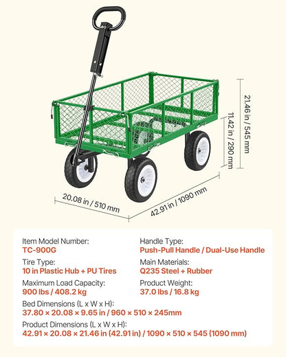 VEVOR 900 LBS Steel Garden Cart, 2 in 1 Handle, Heavy Duty Pullable Garden Wagon with 10" Flat-Free Tires, Outdoor Utility Yard Wagon Cart with Detachable Side Panels, Attach to ATV or Tractor