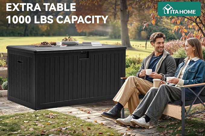 YITAHOME 260 Gallon Large Deck Box with Divider & Side Handles | Outdoor Double-Wall Storage for Patio Furniture Cushions, Garden Pool Accessories, Water Resistant & Lockable, Black