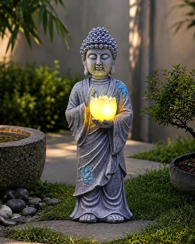 Nacome Solar Buddha Garden Statue Decor: Standing Resin Figurine with Lotus Flower Light Zen Sculpture for Patio Lawn Yard Porch Balcony Meditation Space - 11 inches(Gray)