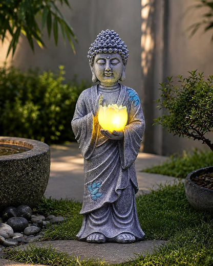 Nacome Solar Buddha Garden Statue Decor: Standing Resin Figurine with Lotus Flower Light Zen Sculpture for Patio Lawn Yard Porch Balcony Meditation Space - 11 inches(Gray)