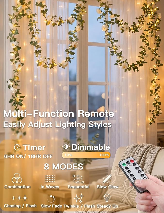 suddus Flower Garland with White Camellia Fairy Lights Indoor, 60 LED Vines String Lights Battery Operated with Remote, Artificial Fake Flowers Leaf Lights for Wedding,Bedroom,Centerpieces,Arch Decor