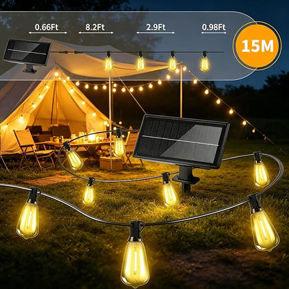 Solar Lights Outdoor Waterproof: ST38 50FT 15M Patio Lights Shatterproof Bulbs - Solar Powered & USB Charging- Remote Control 3 Light Modes Dimmable Solar Light - Garden Camping Backyard