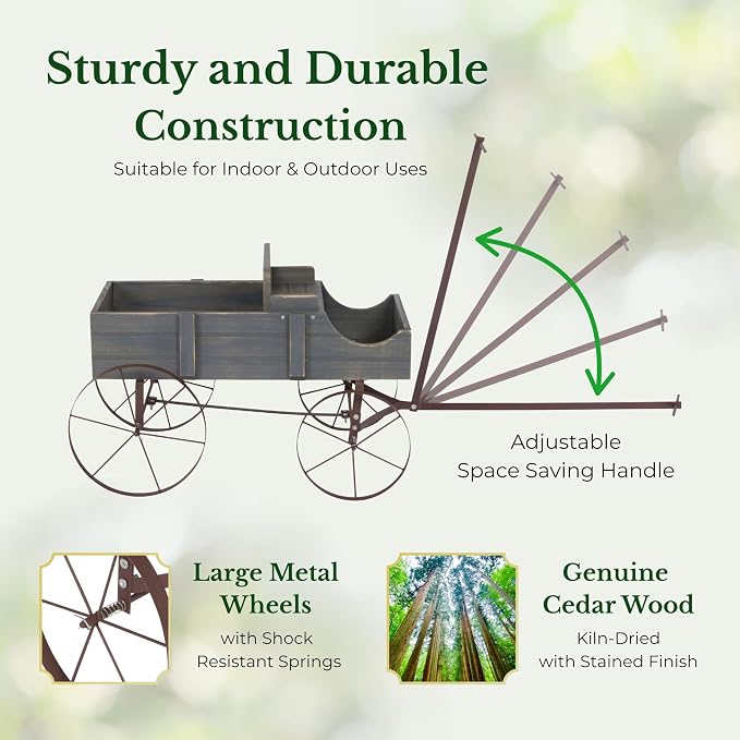 Shine Company Decorative Wagon Garden Planter, Wooden Wagon Yard Décor for Outdoor Plants, Small, Gray