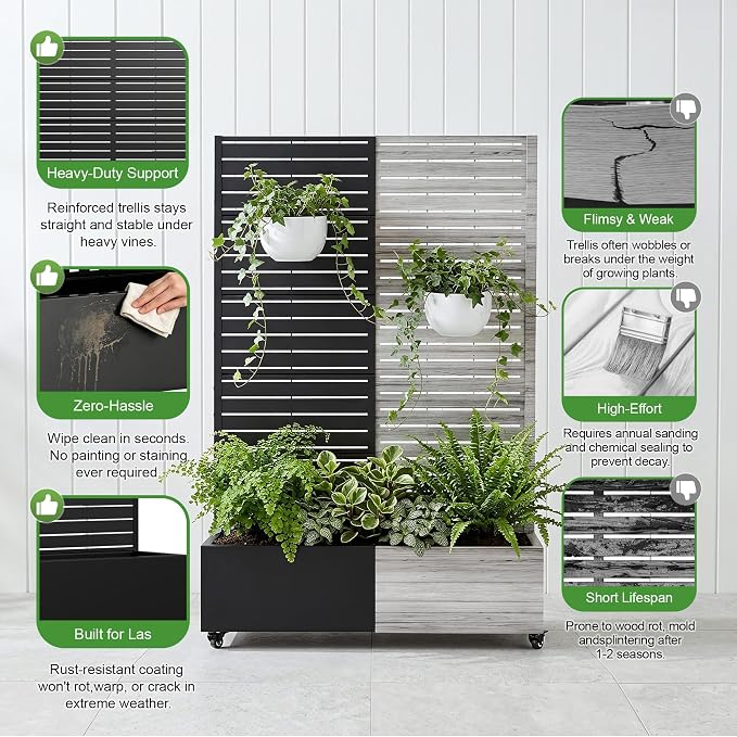 Casaphoria Metal Raised Garden Bed with Trellis and Wheels, 72"x47"x16" Planter Box for Climbing Plants, Vegetables & Vines, Features Drainage Holes and Privacy Screen (Black-Louver)