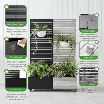 Casaphoria Metal Raised Garden Bed with Trellis and Wheels, 72"x47"x16" Planter Box for Climbing Plants, Vegetables & Vines, Features Drainage Holes and Privacy Screen (Black-Louver)