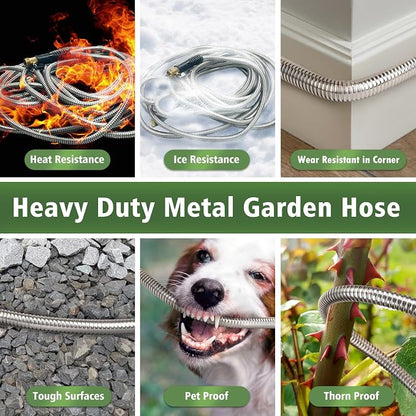 Metal Garden Hose 75 ft Stainless Steel Water Hose Heavy Duty Flexible Lightweight Durable Long No Kink Hoses Pipe with 10 Function Nozzle Strong 3/4’’ Solid Brass Fitting for Outdoor Yard