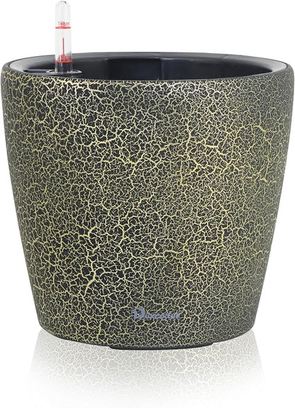Dexceder 9x8 Self Watering Planter (Black Gold Crackle) | Inner Pot Design, Thickened Table Flower Plant Pot with Water Level Indicator Indoor Outdoor