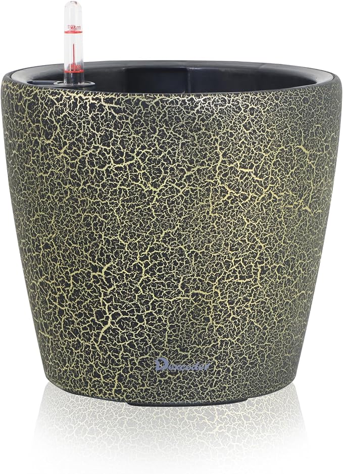 Dexceder 11x10 Self Watering Planter (Black Gold Crackle) | Inner Pot Design, Thickened Table Flower Plant Pot with Water Level Indicator Indoor Outdoor