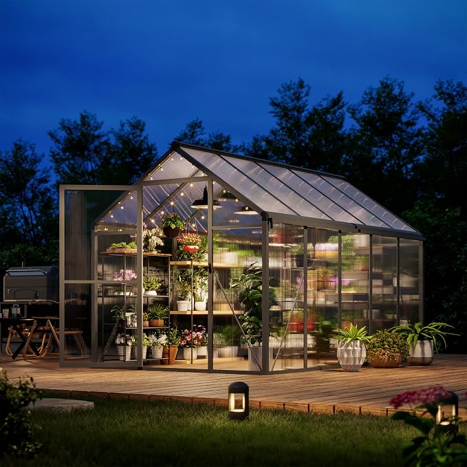 Garvee 6x10ft Walk-in Greenhouse, Heavy Duty Large Outdoor Green House | Polycarbonate Garden Greenhouse with Roof Vent, Lockable Outward-Opening Swing Door & Aluminium Frame for Backyard, Grey