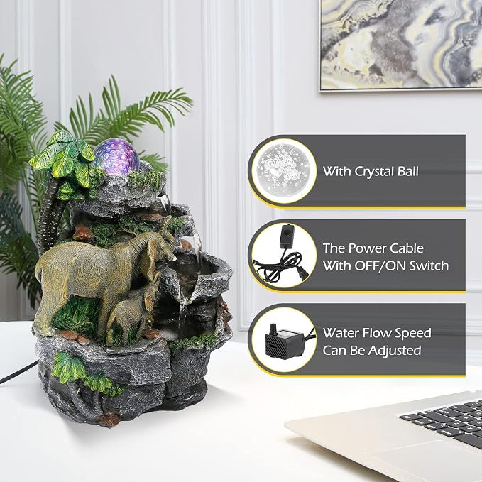 Dyna-Living Elephant Fountain Tabletop Waterfall Fountain Indoor with LED | Colorful Light Water Fountains and Waterfalls with Rolling Ball, Quiet Pump with OFF/ON Switch, Zen Home & Office Desk Décor