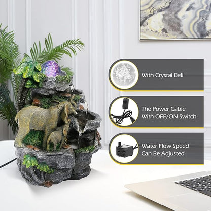 Dyna-Living Elephant Fountain Tabletop Waterfall Fountain Indoor with LED | Colorful Light Water Fountains and Waterfalls with Rolling Ball, Quiet Pump with OFF/ON Switch, Zen Home & Office Desk Décor