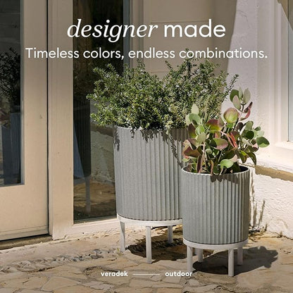 Veradek Demi Series Round Planter w/Stand for Porch/Patio | Durable Plastic-Stone Composite & Wooden Stand | Modern Décor for Tall Plants, Flowers