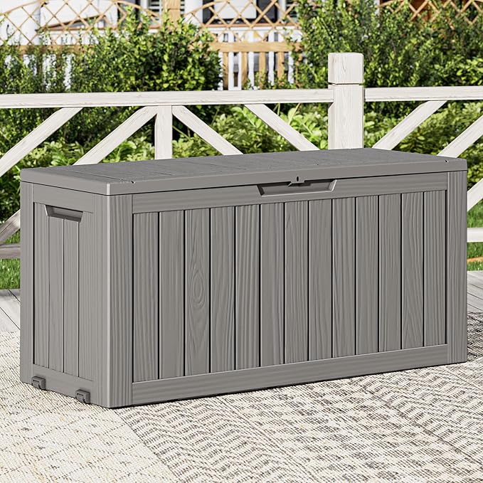 Outdoor Storage Box, Resin Deck Boxes Indoor and outdoor, Waterproof Storage Box Lockable Lid (Grey, 80 Gallon)