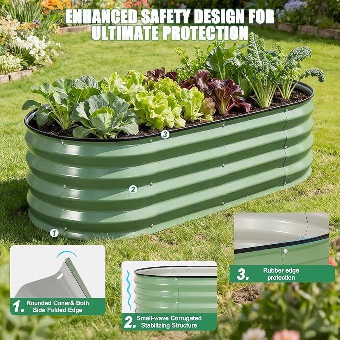 Galvanized Raised Garden Bed Outdoor, 2Pcs 4x2x1ft Oval Planter Box with Rubber Strip, Metal Raised Bed Kit for Vegetables Flowers Herbs, Olive Green