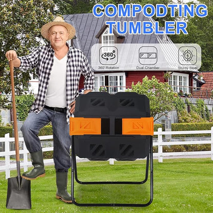 FDW Outdoor Compost Bin,43 Gallon Dual Chamber Tumbling Composting Bin with Sliding Doors Compost Tumbler for Garden Patio Kitchen Yard,Orange Door