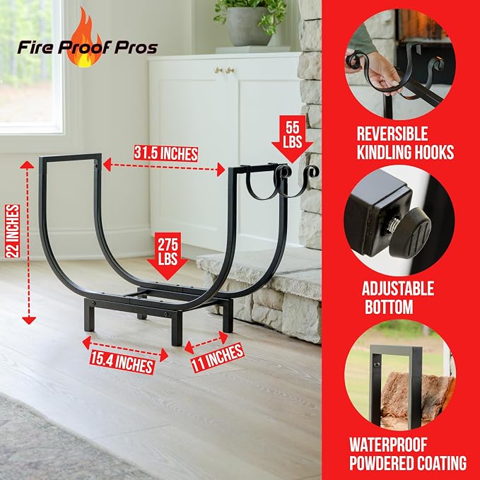 FireProof Pros 32 Inch Curved Firewood Rack, Black