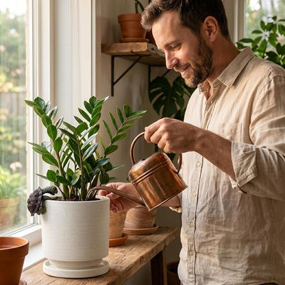 Nihow Ceramic Plant Pot with Resin Figure/Drainage Hole & Saucer,5.7 Inch | White, Cylinder Planters, Art Modem Design, Home Garden Patio Office