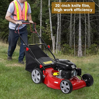 Self Propelled Gas Lawn Mower, 141cc 4-Stroke Engine with 20 Inch Deck & 50L Grass Bag, Walk Behind Lawn Mower, 7 Height Adjustments & Foldable Handle for Home Yard Red
