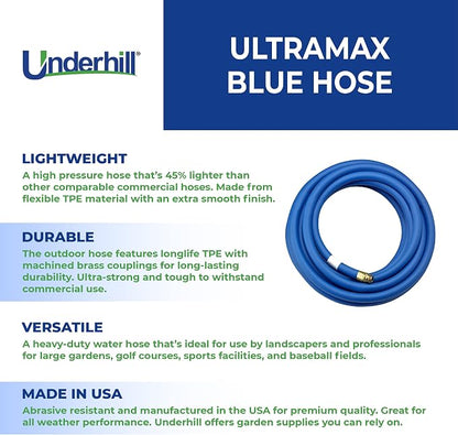 Underhill UltraMax Commercial Garden Water Hose, Lightweight, Heavy-Duty, Flexible, Anti-Kink, 1200 psi, H75-125B, ¾ Inch x 125 ft, Blue