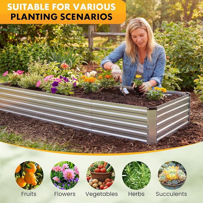 NEWBULIG Galvanized Raised Garden Bed Outdoor, 8x4x1ft Metal Planter Box for Gardening, Rust-Resistant Rectangular Raised Flower Bed for Vegetables Flowers Herbs, Open Bottom, Easy Assembly