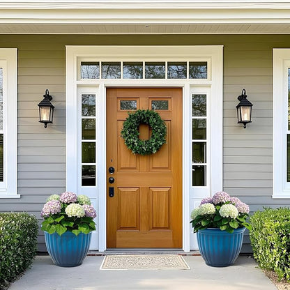 2-Pack 15" Gradient Blue Plastic Outdoor Flower Pots with 3D Texture | Set of 2 PP planters with faux ceramic look, 3D texture, drainage plugs, and UV-treated finish for patio or porch