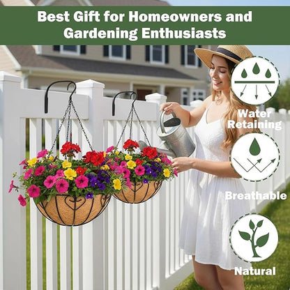 4 Pack 10 Inch Hanging Baskets for Plants Outdoor Metal Hanging Planter Basket with Coco Coir Liner Hanging Flower Pots Holder for Garden, Patio(Modern)