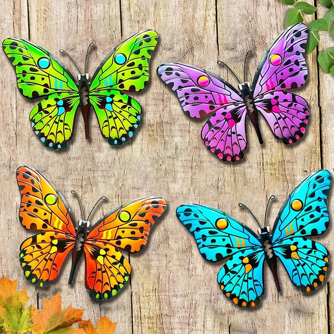 MACLARONX 4 PCS Metal Butterfly 9.6" Butterflies Outdoor Fence Yard Art Wall Decor Hanging Decorations for Garden Living Room Bedroom Patio Balcony Gift for Family Friends Housewarming