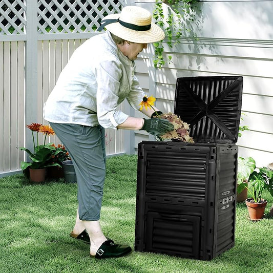 Compost Bin Outdoor, 80 Gallon Large Garden Composter, Black | Large 300L capacity with BPA-free construction, secure flip-latch lid, and easy assembly for garden, kitchen, and yard waste.