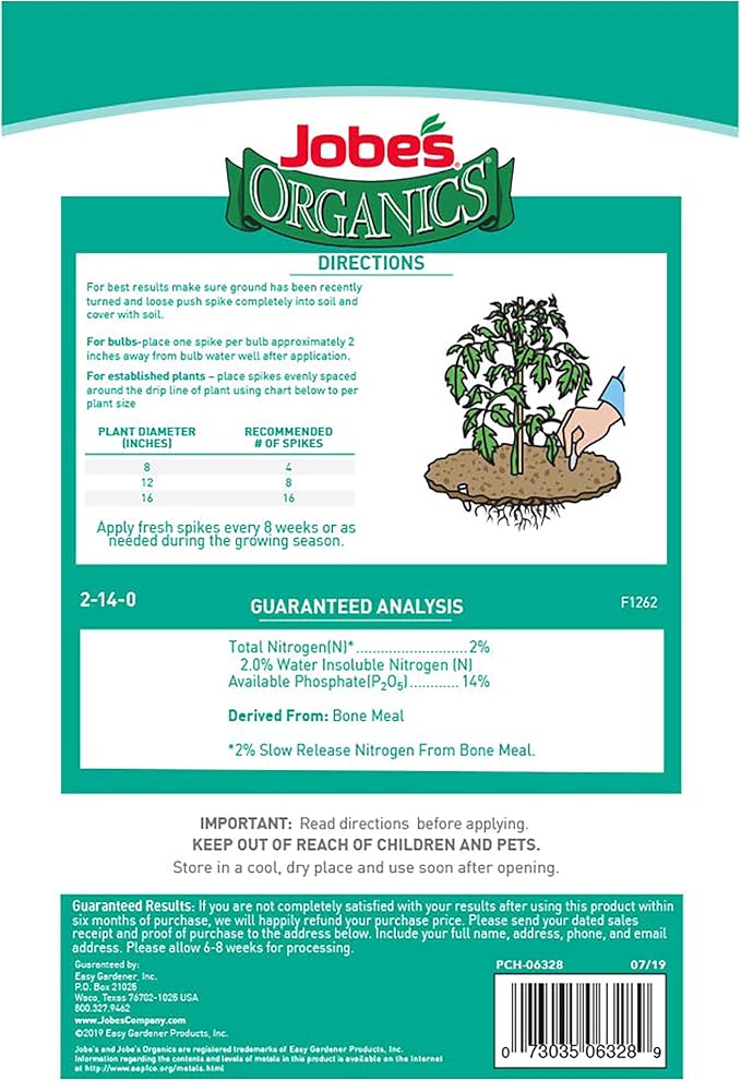 Jobe's Organics Bone Meal Fertilizer Spikes, Strong Root Development for Bulbs, Tomatoes, Roses, and Other Flowering Plants, 50 Count