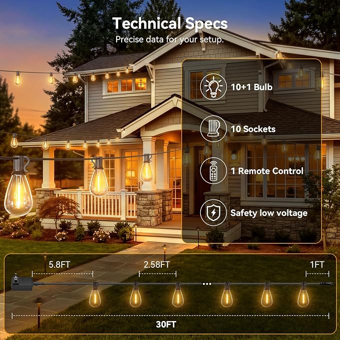 30FT Outdoor String Lights with Remote, Waterproof Patio Lights with 10+1 Shatterproof LED Bulbs,Dimmable Hanging Decor for Backyard Garden Porch Bistro, Timer & 3 Modes,2700K Warm White
