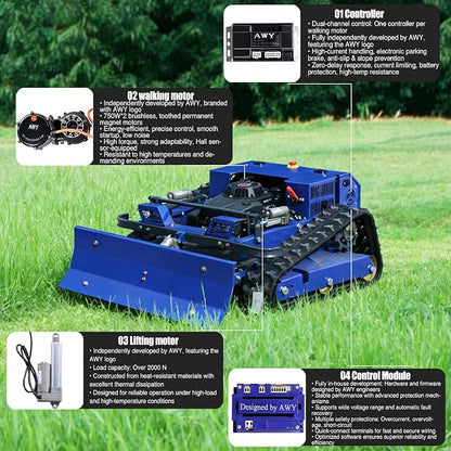 Remote Control Lawn Mower with Snow Plow, Crawler Track All-Terrain Machine, Oil-Electric Hybrid Power for Extreme Slopes and Large Turf, Adjustable Cutting Height