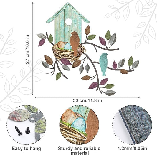 Peryiter Birds Wall Metal Decor Outdoor Art Hanging Metal Tree with Birdhouse for Living Room Tree Leaf Wall Decor for Indoor Outdoor Garden(Brown, Light Blue)