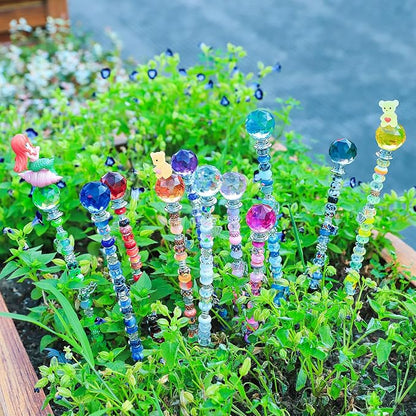 AIPRIDY DIY Crystal Beaded Fairy Wand Garden Stakes Kit, Colorful Decorative Wands with Assembly Guide, 12 or 10 Inch Threaded Rods,Outdoor Garden Decoration Set (238, Rainbow+Lighted Globes Top)