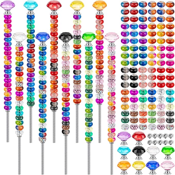230 Pcs Beaded Garden Stakes DIY Fairy Wand Kit, 12 in | 200 Colorful Assortment Round Large Hole Beads, 10 Crystal Stopper Top, 10 Threaded Rod & 10 Nuts, Outdoor Decoration