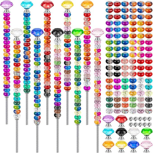 230 Pcs Beaded Garden Stakes DIY Fairy Wand Kit, 12 in | 200 Colorful Assortment Round Large Hole Beads, 10 Crystal Stopper Top, 10 Threaded Rod & 10 Nuts, Outdoor Decoration