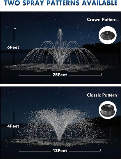 FS02 110V, 1/2 HP Large Pond Floating Fountain, Oil Free Pump 9000 GPH with 100’ Cord, Two Spray Patterns Included