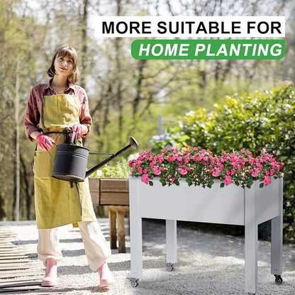 PatioZen Raised Garden Bed with Legs, 28.9" Tall Self-Watering Raised Planter Box with Lockable Wheels, Drainage Plug and Gauge for Vegetables Flowers, Rustproof Resin for Backyard Patio (Ashen)