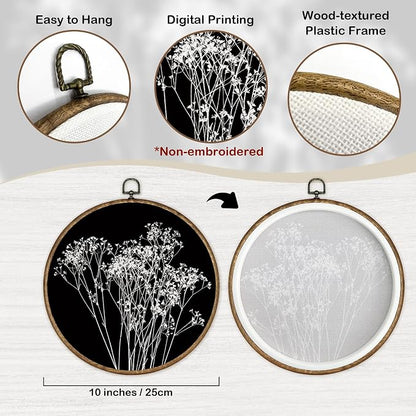 TLESKE Black Vintage Botanical Round Wall Art Decor Framed 10x10, Boho Fall Wildflower Floral Canvas Wall Art Prints Artwork, Rustic Wall Hanging Room Door Decor Decorations for Living Room Bedroom