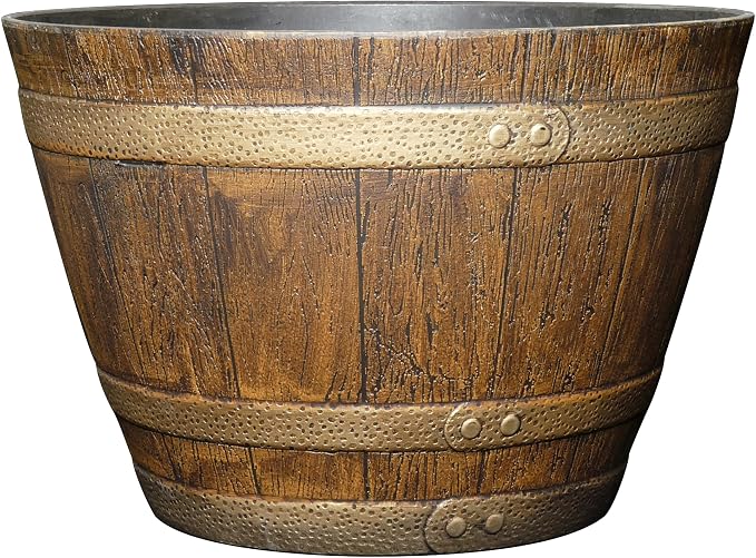 Whiskey Barrel Planters, Wooden Finish Flower Planter Pot, Decorative Garden Pots, Indoor Outdoor Resin Planters, Weather-Resistant Plant Pot (15” Oak Brown, 1-Pack) | Stylish Resin Flower Plant Pots, Indoor & Outdoor Planter, Weather-Resistant, Great ...