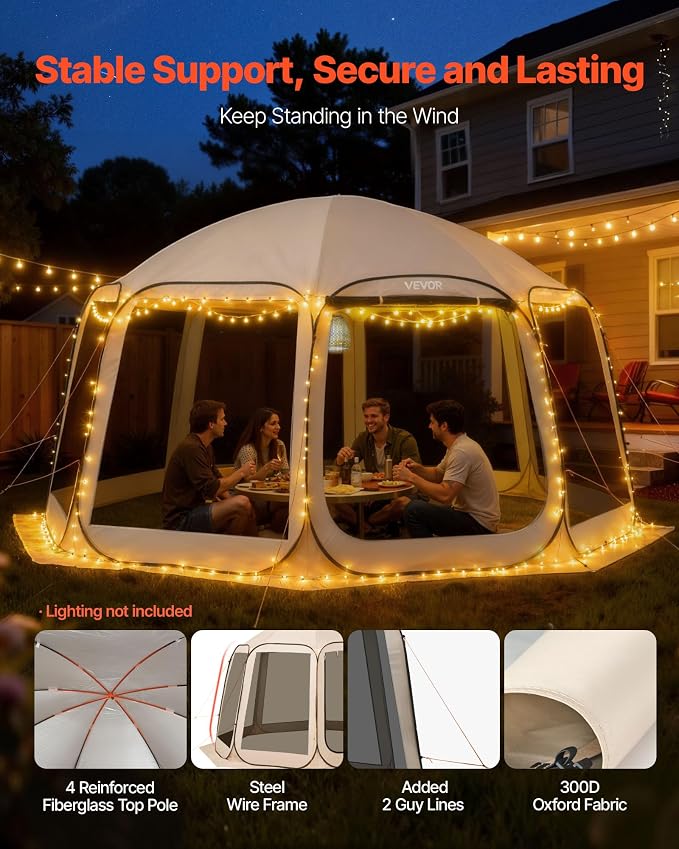 VEVOR Pop up Screen House Tent, 15 x 13.8 ft, 12-15 Person Screen Gazebo, Portable Screened in Canopy with Carry Bag, Netting Sides, Ground Stakes, for Garden, Patio, Backyard, Outdoor Activities