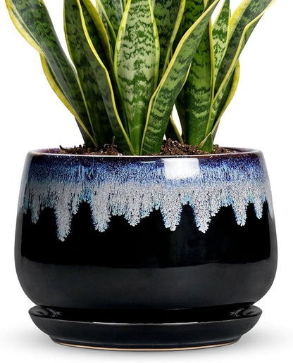 Ceramic Plant Pots - 9 Inch Flower Pots for Indoor Plants, Decorative Pots for Plants with Drainage and Saucer, Large Planter, House Office Decor, Gardening Gifts for Women, Black-Blue