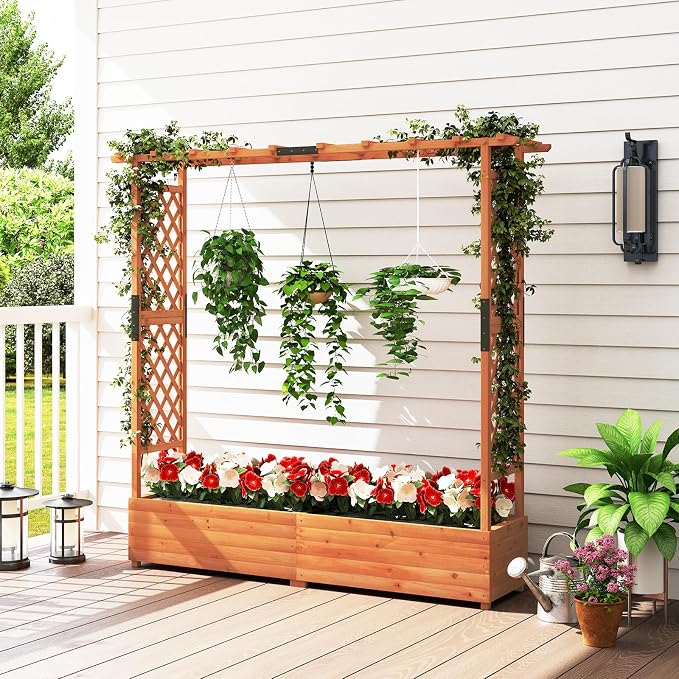 ORALNER Raised Garden Bed with Trellis, Wooden Planter Box with Climbing Frame, Outdoor Elevated Garden Box for Vegetables, Herbs, Flowers, Fruits (Extra Large)