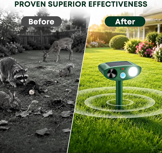 2026 Upgraded Solar Ultrasonic Animal Repeller Outdoor, Sonic Fortress Pro Deer Repellent with Motion, Waterproof,Cat Deterrent for Garden Yard, Squirrel Raccoon Skunk Rabbit Dog Bird (Green, 4-Pack)